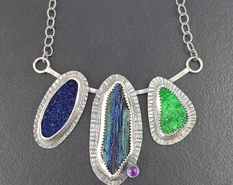 Druzy Necklace, sterling silver, rainbow druzy, stamped necklace, boho necklace, michele grady, uvarovite garnet, titanium druzy jewelry