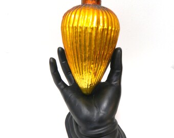 Vintage 1970s German Kugel Ornament...Amber Colored Shaped...Ribbed Texture...Ornate Brass Topper...Christmas Tree Holiday Decor