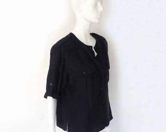 The Under Cover Vintage 90s Silk Blouse Boxy Black Button Down Epaulettes Oversized Slouchy Silk Blouse O/S Womens Tops
