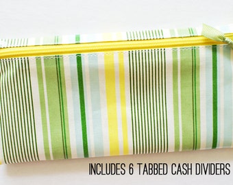 Divided cash wallet in yellow, green, aqua stripe laminated cotton