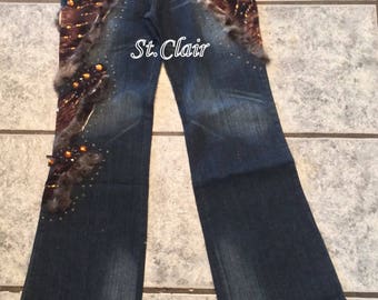 Jeans with fur trim and gemstones