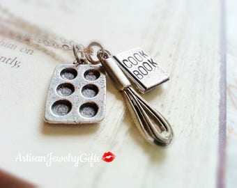 Silver Baking Necklace Baking Charm Necklace Cooking Necklace Baker's Necklace Cook Book Necklace Baker's Gift Mother's Day Gift For Her