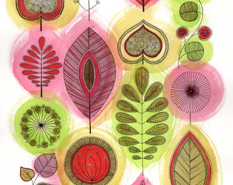 Bright Retro Leaves Print