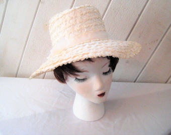Off white rafia straw hat, wide brim sun hat, formal church hat, summer hat, mid century, resort beach hat, 50s 60s, Beresford hat, 22 inch