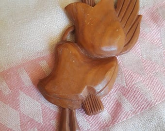 1940s Handcarved Flower Wooden Brooch