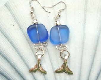 Whale Tail Artwire Cobalt Blue Seaglass Earrings, silver earrings, whale jewelry, seaglass earrings, sealife jewelry, whale earrings