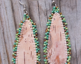 Birchbark Earring with Beaded Edging. Gifts for Her. Beadwork. Nature. Homemade. Nature lover