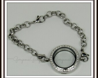 25mm Floating Locket / Glass Locket / Memory Locket Bracelet - Stainless Steel With Crystals