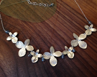 Hydrangea Flower Necklace in Sterling Silver with Blue Topaz