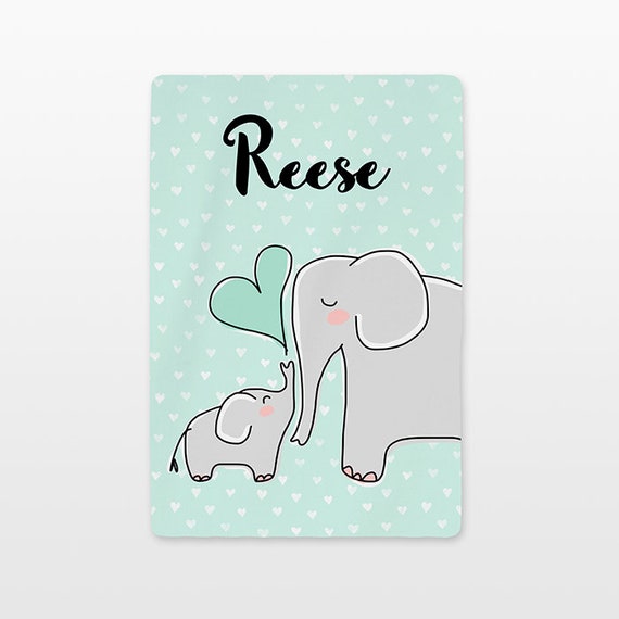 Elephant Baby Blanket Personalized Name Custom Unisex Baby Girl Baby Boy Kids Minky Fleece Newborn Gift Idea Cute Animal Gray Mint Green