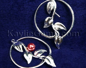 Pearl Setting Vine Leaf Charm Connector with Hoop Silver Over Brass - 4pcs