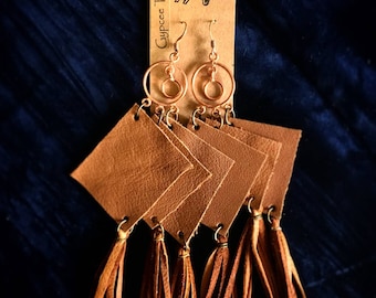 Handmade recycled brown leather fringed gypsy earrings