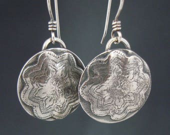 Silver Round Earrings, Sterling Silver Flower Earrings, Handmade Silver Earrings, Round Dangles, Sterling Ear Wires, Circle Earrings