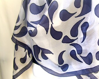 Hand Painted Silk Scarf, Dark Gray White, Geometrical, Paisley Silk Scarf 71" x 18" Long