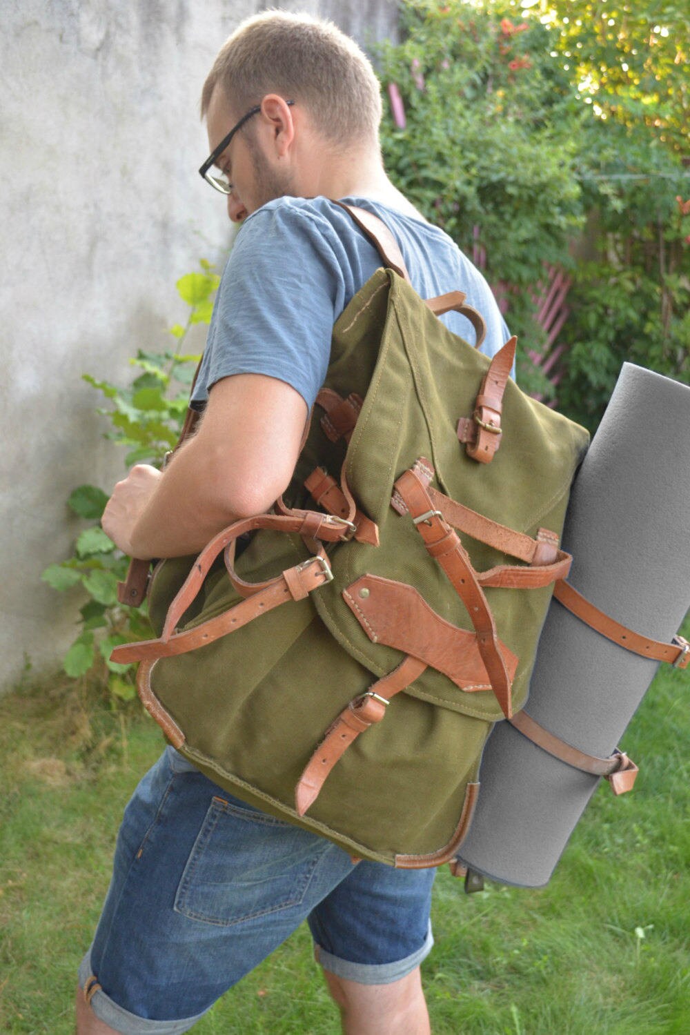 Military Backpack with LEATHER STRAPS Army Hiking Bag Big