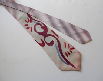1940s Green/Grey/Pink Hand Painted Tie Geometric Swing Atomic Wide Tie 1950s