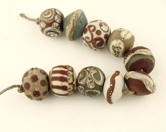 Lampwork Beads Set Rustic, Organic, Etched Matte, Rust, Gray, Brown, Silver