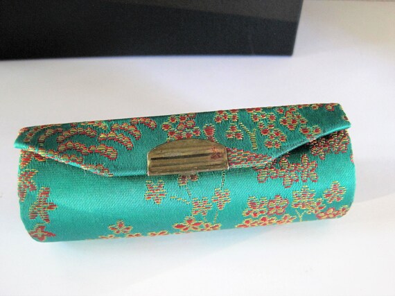 Green Silk Lipstick Case, Purse Accessory, Red Fabric Inside, Mirror Backed , 80's Purse Accessory