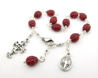 Rosary Bracelet - Ladybug Glass Beads Unbreakable Catholic One Decade Rosary Beads - Pocket Rosary - Single Decade Rosary - Catholic Gift
