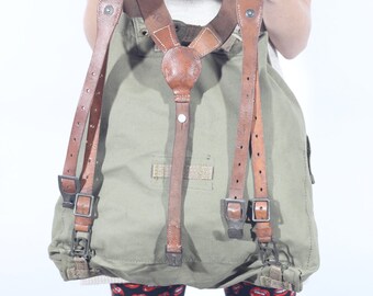 Vintage Canvas Backpack with Leather Straps, Military Rucksack, Army Haversack