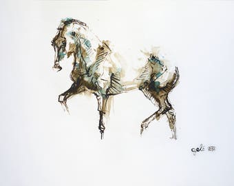 Contemporary Original Fine Art, Acrylic and Black Chalk Painting of a Dressage Horse in motion, Horse Portrait, Animal Art
