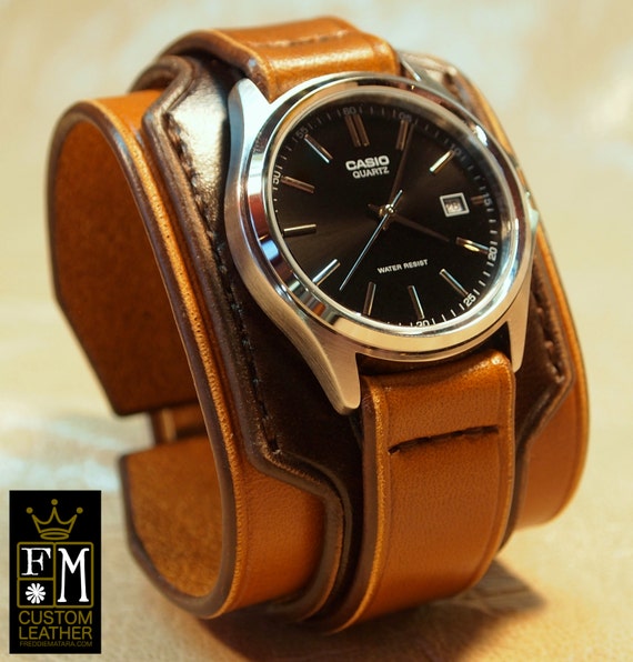 Leather cuff watch Vintage 2 tone Brown Mens or Unisex Layered Refined quality Wristwatch Handmade for YOU in USA by Freddie Matara!