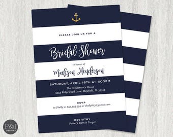 Nautical Bridal Shower Invitation | Navy, White and Gold Anchor | Digital File | DIY | Printable (5x7)