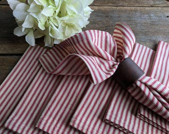 Red & White Napkins, Cloth Napkins, 4 Cloth Dinner Napkins, Ticking Napkins, Farmhouse Decor, Farmhouse Napkins, Farmhouse Linens