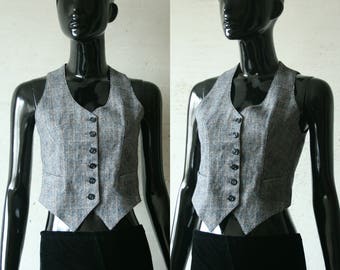 Vintage gray small button up women's vest Dark gray small lines print Sexy fitted waistcoat Made in France JANINE TIMBAUT Paris XXS