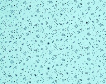 Libs Elliott Tattooed Fabric, Zoltar Teal, Blue Moon and Stars Fabric, Aqua Blue Fabric, Thunderbolt Fabric, Light Blue Hexagon Fabric