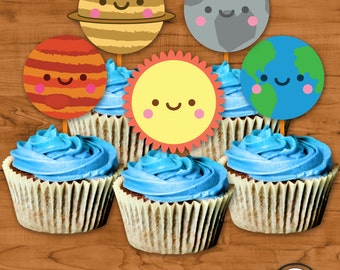 Solar System Cupcake Toppers INSTANT download, Kawaii Solar System