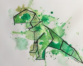 Watercolor origami T-Rex painting
