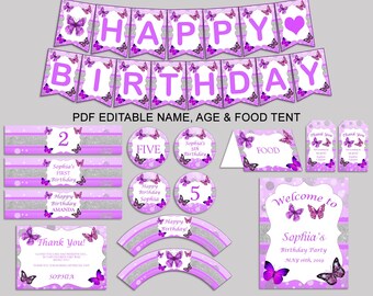 Butterfly Birthday Decor Butterfly Editable Pack Purple White Party Decoration Butterfly Birthday Decoration Girl butterflies theme OHI62