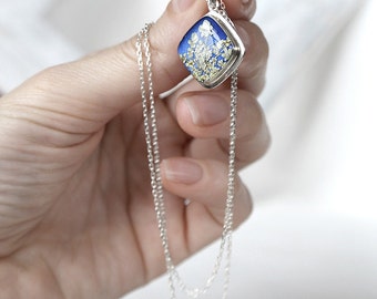 Square silver necklace Blue pendant for birthday for girlfriend Square necklace blue Unique jewelry Anniversary gifts silver gifts for bride
