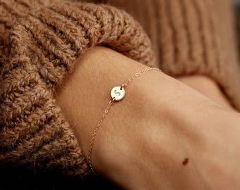 Personalized Gift - Super Dainty Initial Bracelet, Tiny Disk Bracelet - 14k Gold Fill, Sterling Silver or Rose Gold - Handmade Gift - LB206