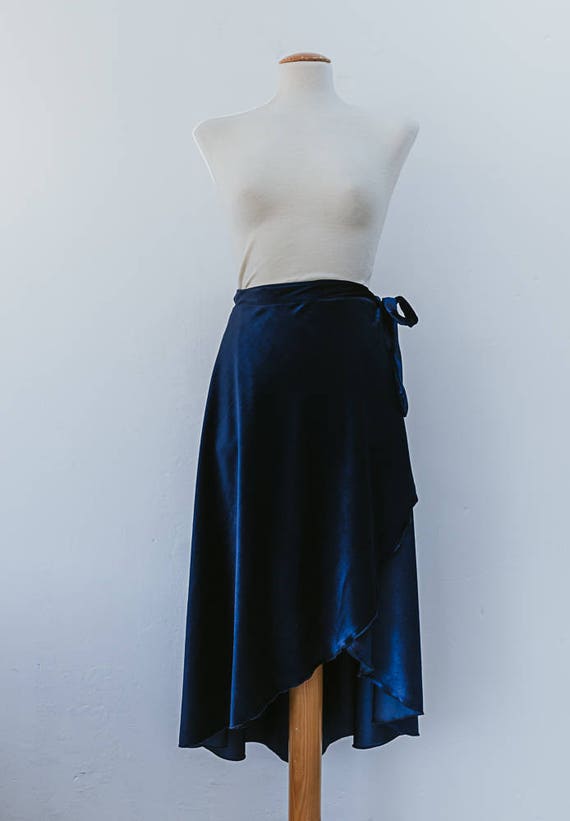 Wrap skirt blue velvet vintage adjustable midnight blue long