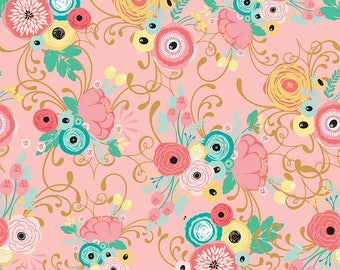 Just Sayin' Fabric Collection by Jen Allyson - My Mind's Eye - Riley Blake - By The Yard - Main Floral Print on pink - C