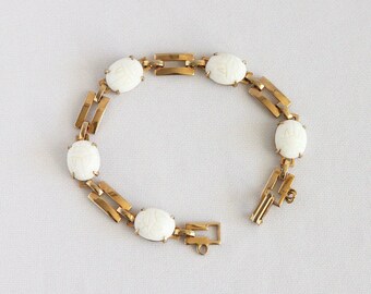 Vintage Milk Glass Scarab Bracelet - Molded White Glass Cabochons Egyptian Revival Jewelry