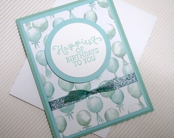 Happy birthday card handmade stamped glitter ribbon dimensional balloons aqua green stationery greeting party paper