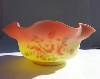 1970s Fenton Burmese Glass Large Bowl, Fenton Art Glass Bowl Ruffle Top, Artist Signed Burmese Glass Bowl, Artist J. Wilson,