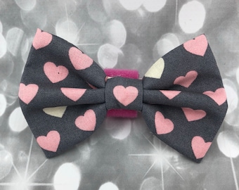 Piece of My Heart Charcoal Pink Gray Hearts Large Pet Dog Cat Bow / Bow Tie