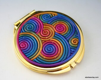 Dark Rainbow Compact Mirror in Polymer Clay Filigree