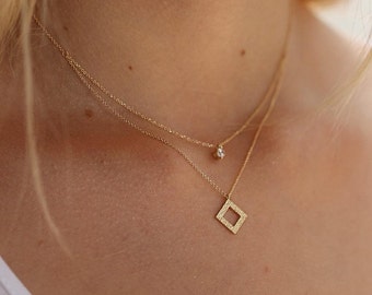 Handmade Gold Necklace 14K, With Zircon Stone, Double Necklace, FREE SHIPPING, Lovely Gift, Lure Handmade Jewelry
