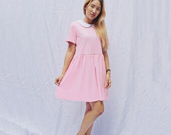Peter pan collar cotton knit smock dress, babydoll dress, sun dress, Loose style