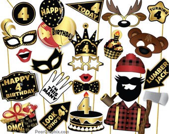 Lumberjack Fourth Birthday Photo Booth Props, 4th Birthday Photo Booth Props, 4th Birthday Girl Boy Photo Props, Black Gold Printable PDF