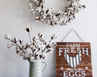 20"H, 12 Bolls Farm House Rustic Natural Cotton & pod Stems spray pick Branch, farm "fresh eggs" wood sign wall decor