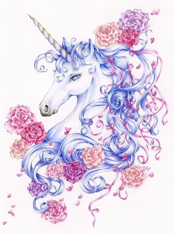 Unicorn Print Ribbons and Roses Fantasy Art