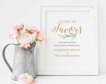 In Lieu of Favors Sign, Charity Printable Wedding Favour Sign, 8x10", Greenery, Printable Wedding Signage. Edit in ACROBAT