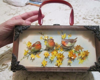 Lovely Vintage 3D Art Diorama Shadowbox Purse with Bakelite Handle Birds & Flowers 1960's