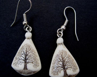 tree scrimshaw technique earrings Moosup Valley Designs